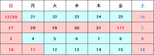 2020年12月26日（土）　～　2021年1月3日（日）